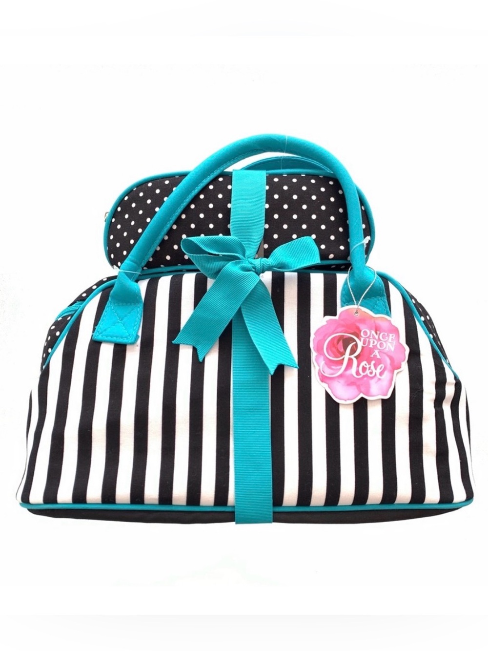 Once Upon A Rose Striped and Polka Dot 2-Piece Fabric Cosmetic Bag Travel Set